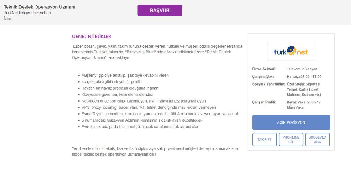 TurkNet’in Yayınladığı, Samimiyet Konusunda Webtekno ile Kapışacak İş İlanı