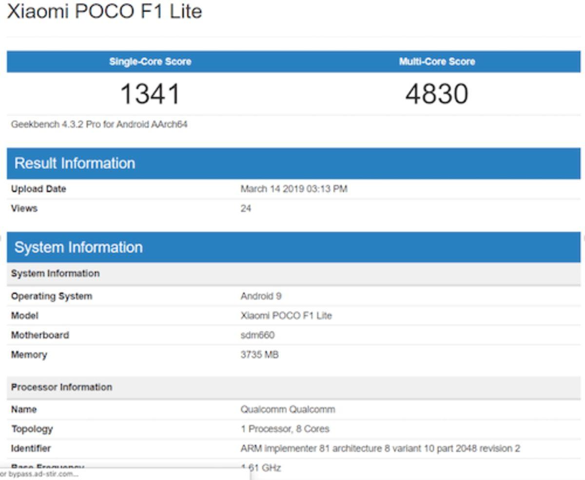 4 GB RAM’li Xiaomi POCO F1 Lite, Geekbench’te Görüntülendi