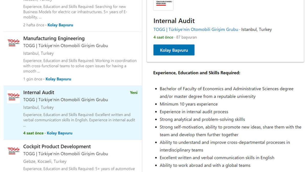 TOGG, Çalışma Ekibini Kurmak İçin İş İlanları Açmaya Başladı