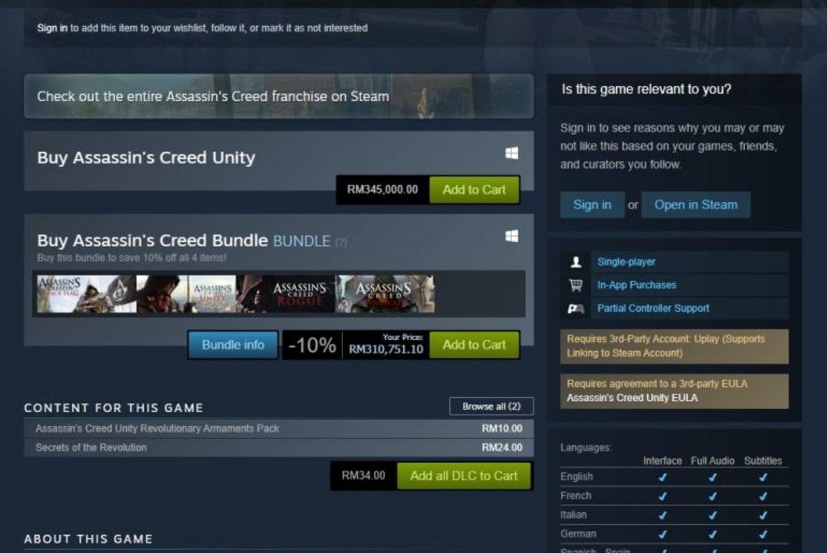 Steam, Bir Hata Sonucu Assassin’s Creed Unity’nin Fiyatını 84 Bin Dolara Çıkardı