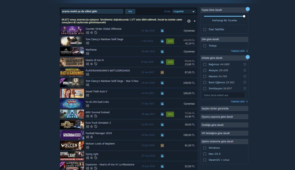 Steam’in Yeni Arama Sistemi Kullanıcıların Hizmetine Sunuldu