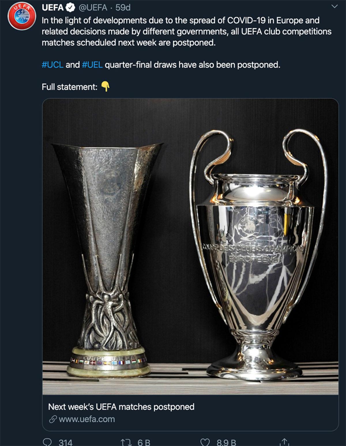 Corona Virüsü Salgını Nedeniyle Şampiyonlar Ligi ve Avrupa Ligi Maçları Ertelendi