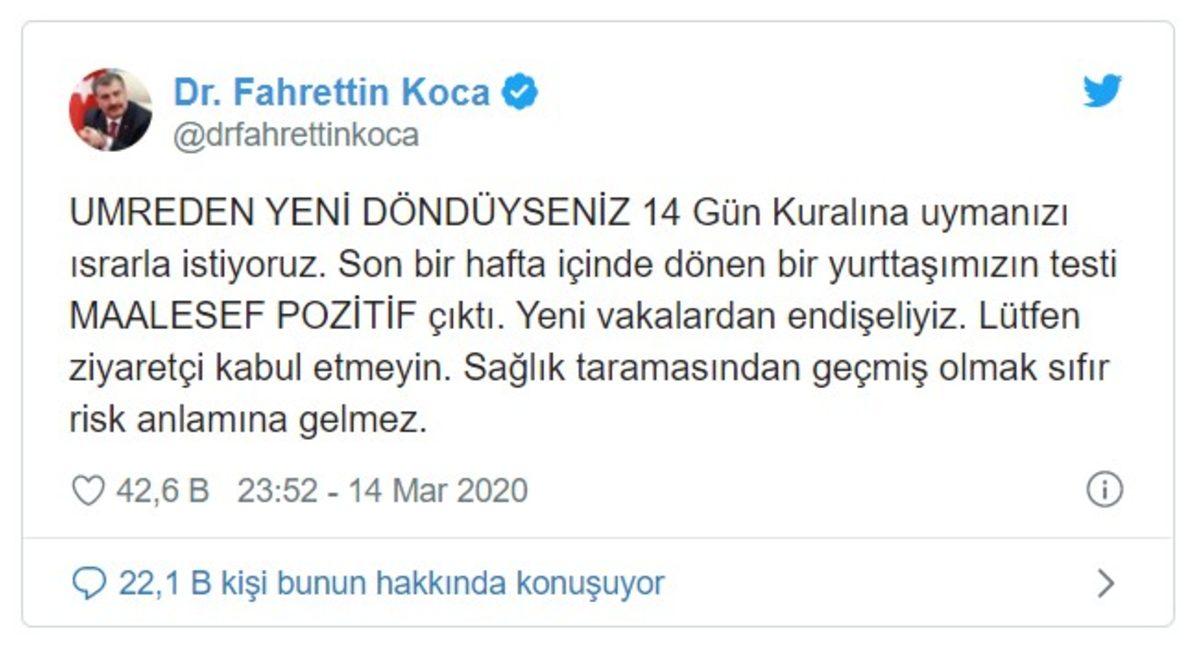 Sağlık Bakanı Koca: Umre’den Dönen Bir Vatandaşımızda Corona Virüsü Tespit Edildi