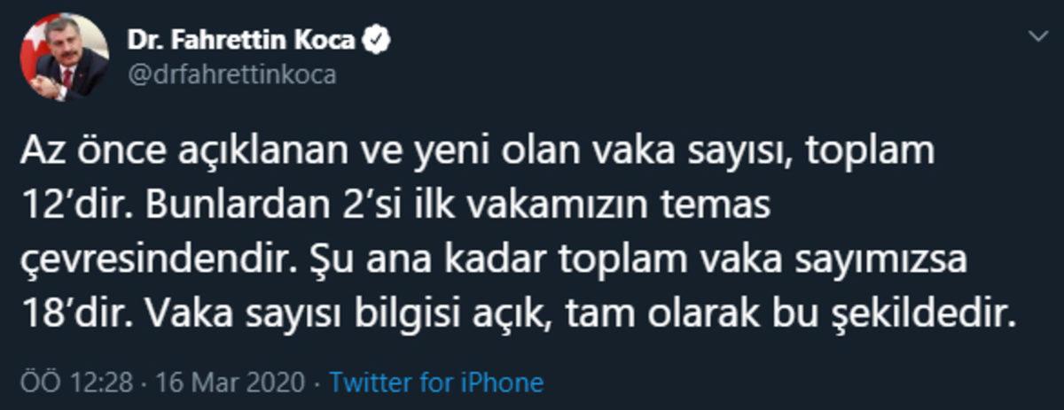 Sağlık Bakanı: Türkiye’deki Corona Virüsü Güncel Vaka Sayısı 18’e Yükseldi