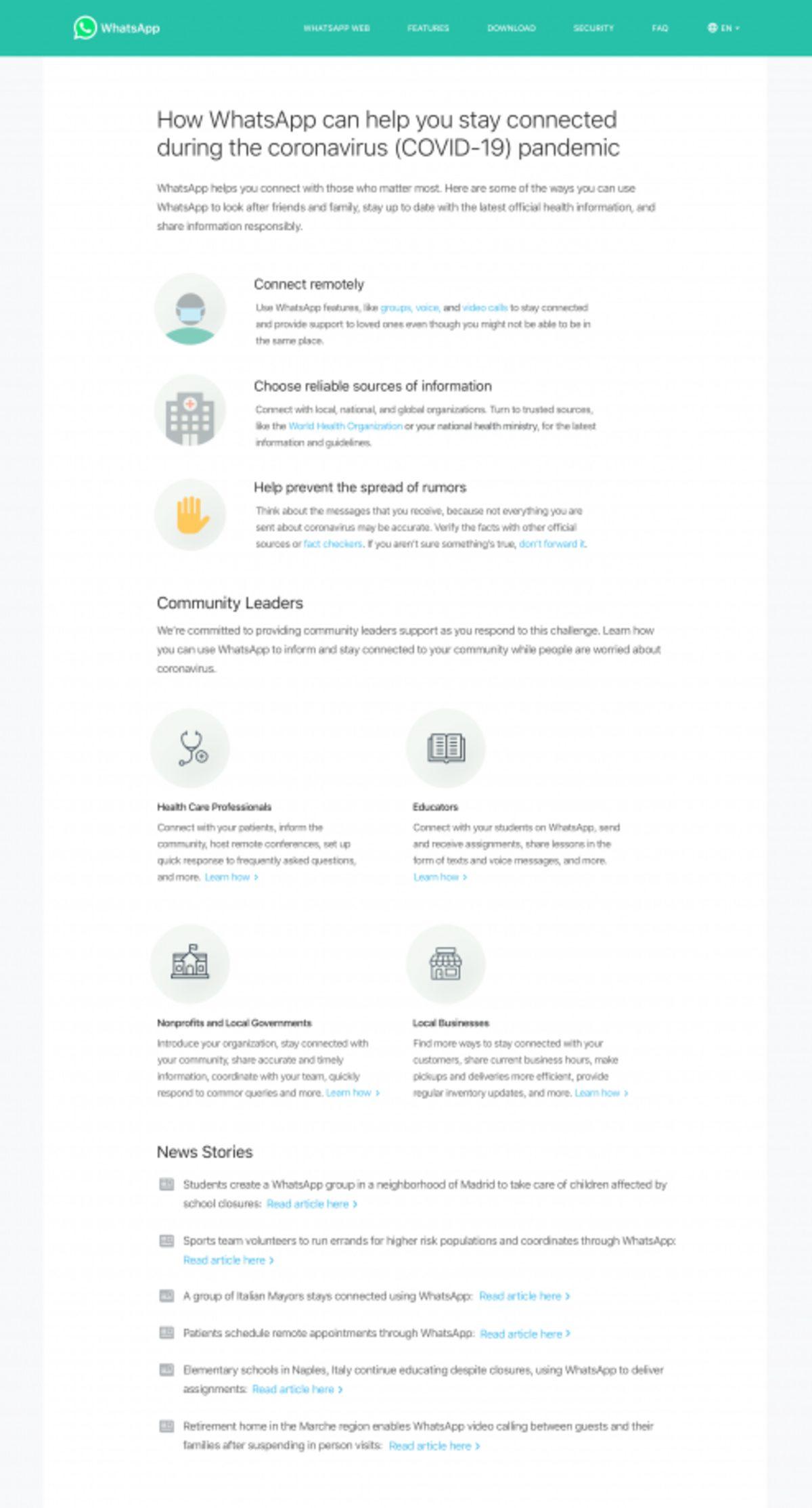 WhatsApp, Corona Virüsü ile İlgili Bilgilendirici Bir İnternet Sitesi Hazırladı
