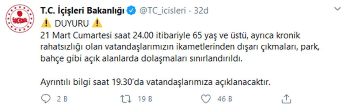 Koronavirüs Tedbirleri Kapsamında 65 Yaş ve Üzerindeki Kişilere Sokağa Çıkma Yasağı Getirildi