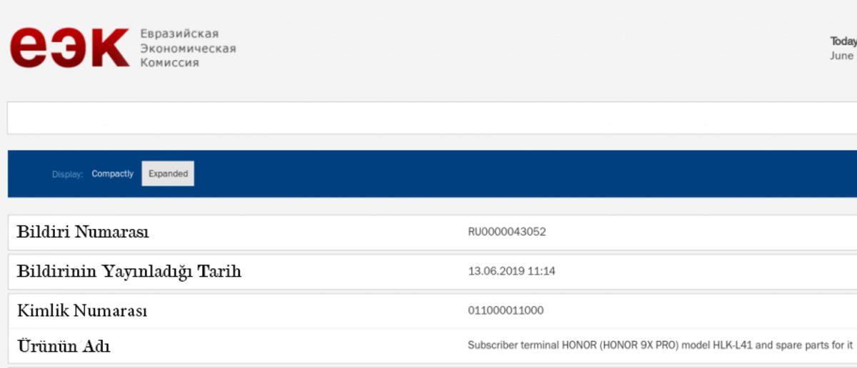 Honor 9X Pro, Rusya’da Sertifika Onayında Ortaya Çıktı