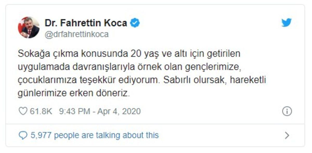 Sağlık Bakanı Koca, 20 Yaşın Altındaki Çocuk ve Gençlere Teşekkür Etti