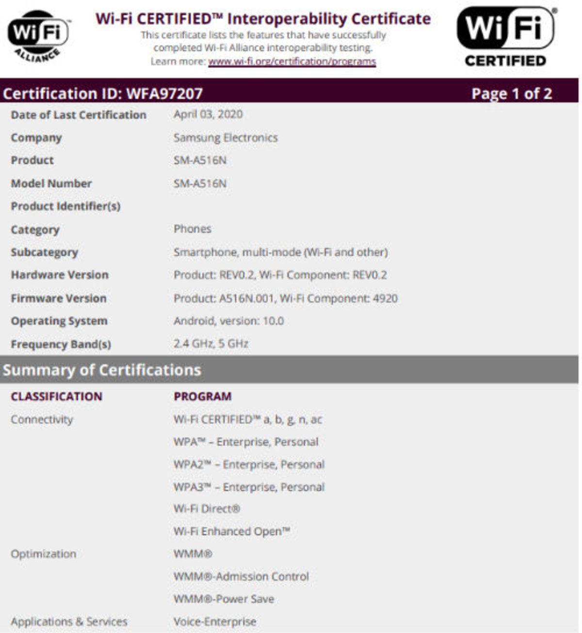 Samsung Galaxy A51 5G, Wi-Fi Alliance Sertifikası Aldı