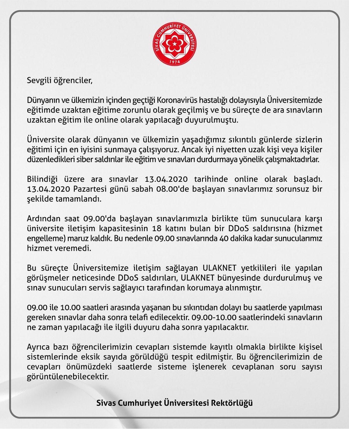 Sivas Cumhuriyet Üniversitesi’ne Düzenlenen Siber Saldırı, Sınavları İptal Ettirdi