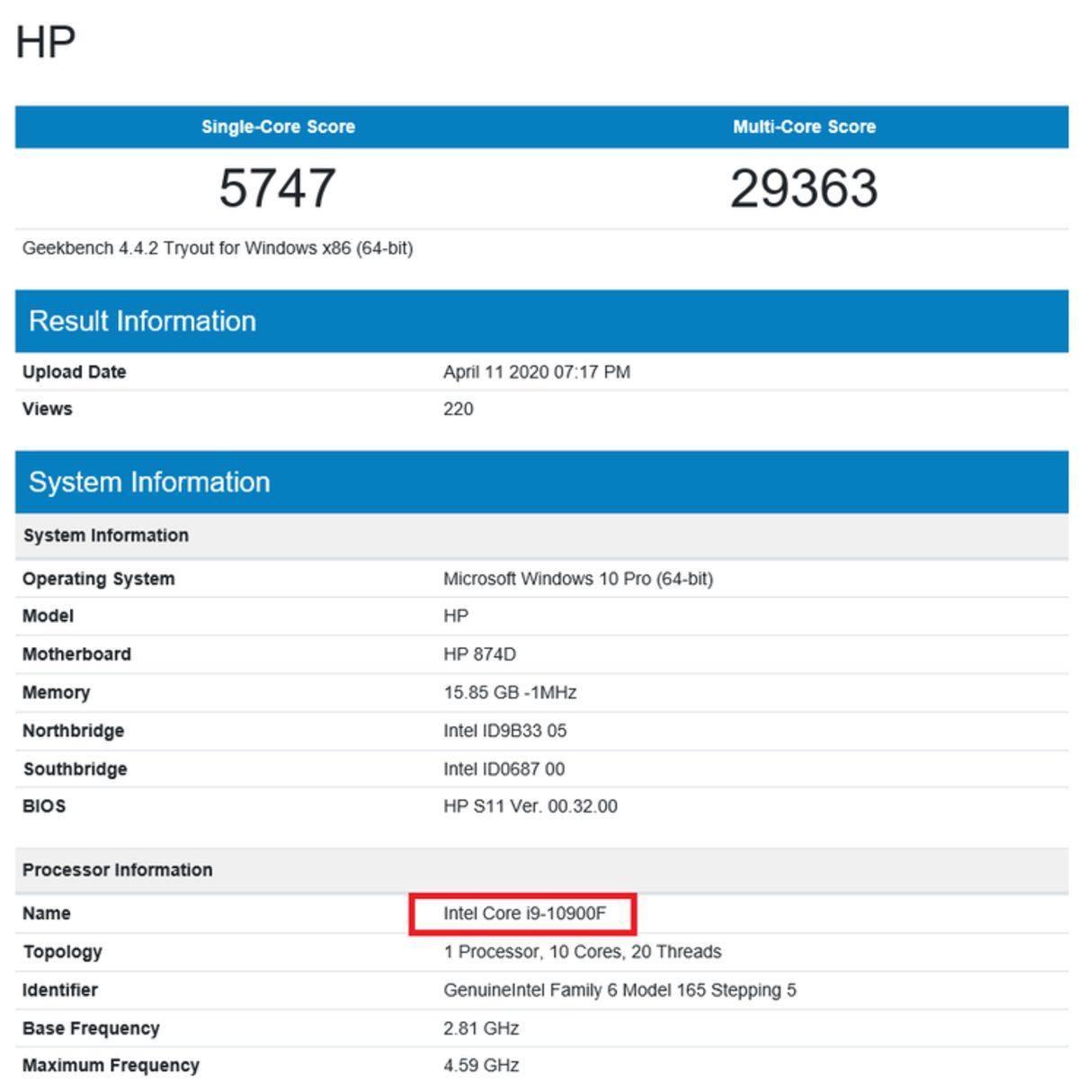 Intel’in 10 çekirdekli Core i9-10900F Masaüstü İşlemcisinin Geekbench Sonuçları Ortaya Çıktı