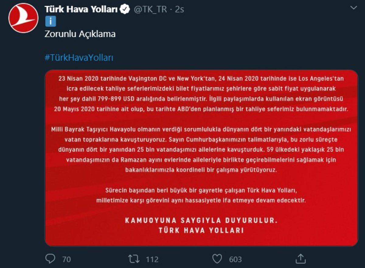 THY, Tahliye Görevlerinde Alınacak Ücret Hakkında Açıklama Yaptı