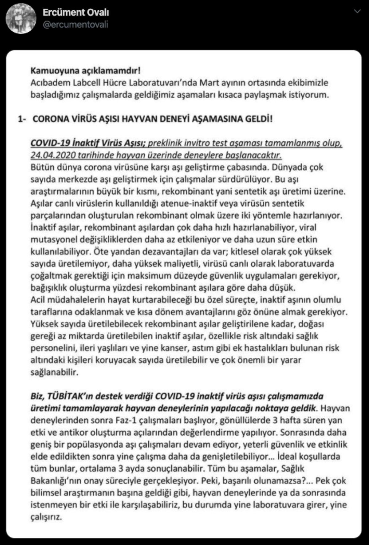 Ercüment Ovalı, İki Farklı Covid-19 Aşısı Üzerinde Çalıştıklarını Açıkladı