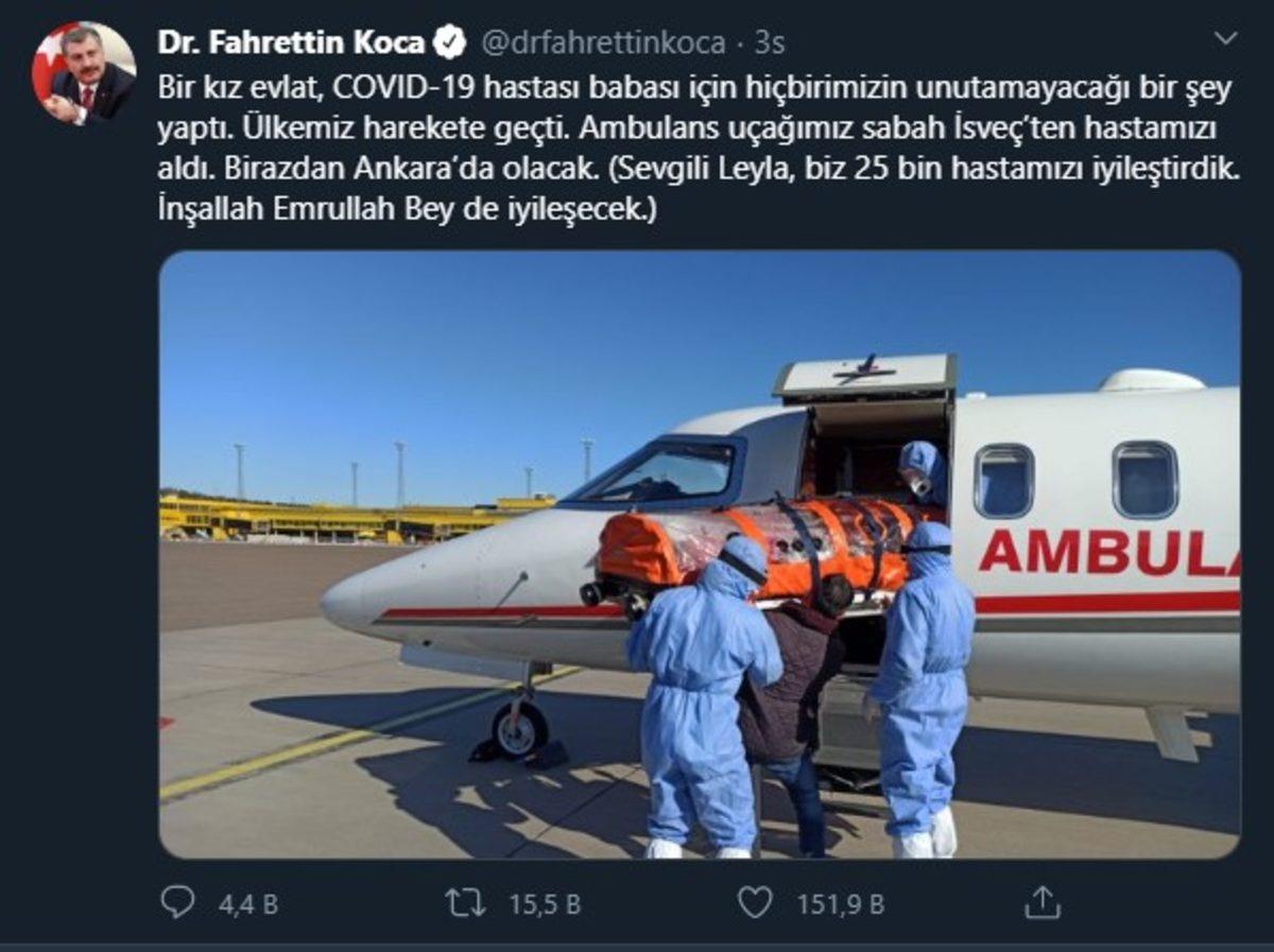 İsveç’te Evine Yollanan Koronavirüs Hastası Emrullah Gülüşken, Ambulans Uçakla Türkiye’ye Getirildi