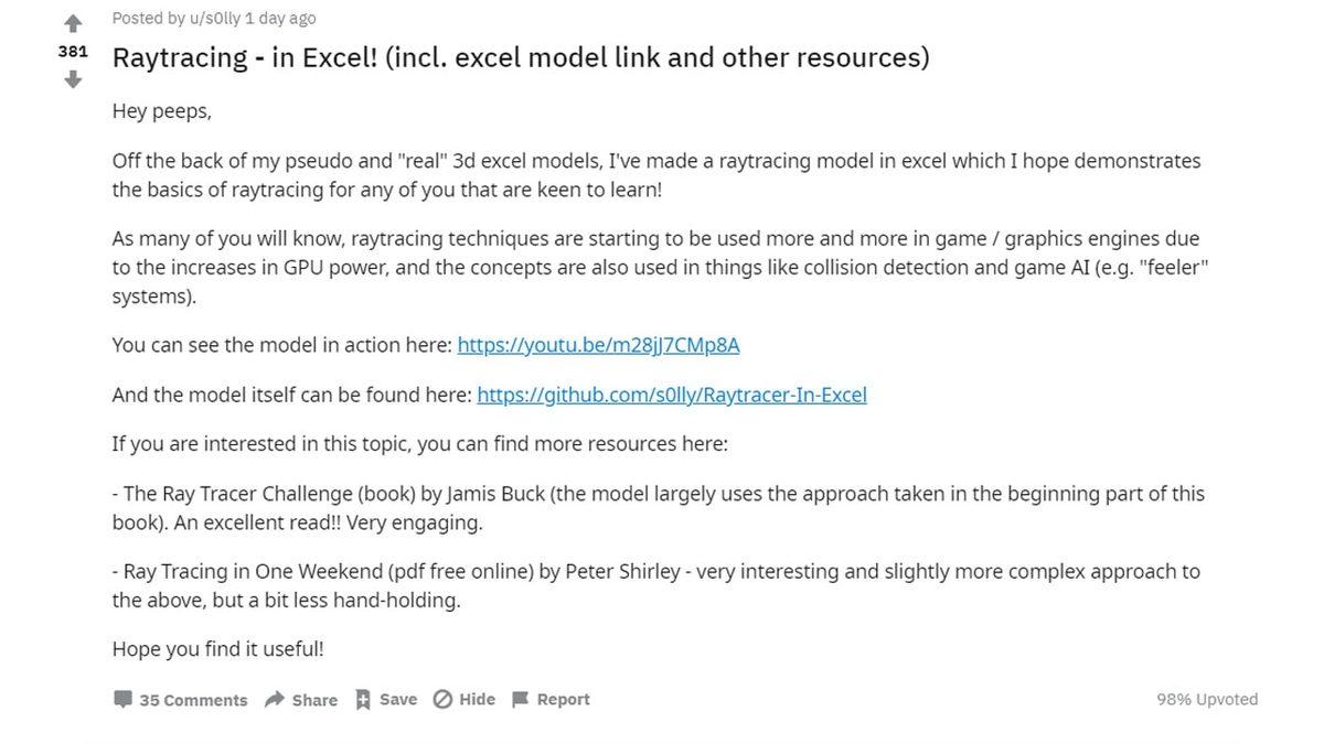 Bir Reddit Kullanıcısı Microsoft Excel’de Işın İzleme Teknolojisini Taklit Etti