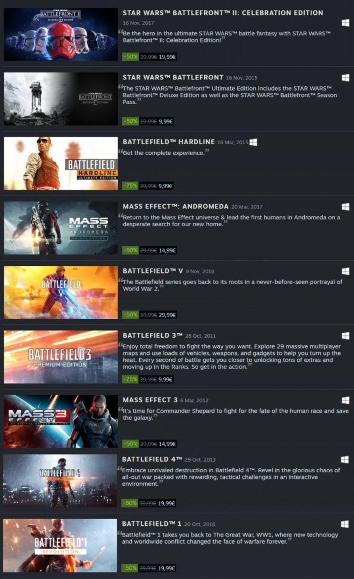 Battlefield, Mass Effect ve Star Wars Battlefront İndirimli Fiyatlarla Steam’de Satışa Sunuldu