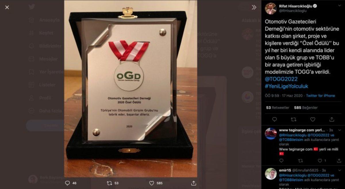 Otomotiv Gazetecileri Derneği’nin Bu Yılki Özel Ödülünü TOGG Kazandı