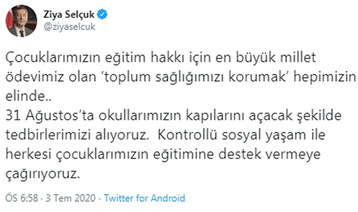 Okulların Açılış Tarihiyle İlgili Bakan Ziya Selçuk’tan Açıklama