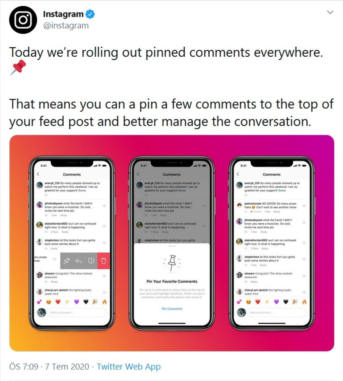 Instagram, Testlerine Mayıs Ayında Başladığı Yorum Sabitleme Özelliğini Yayınladı