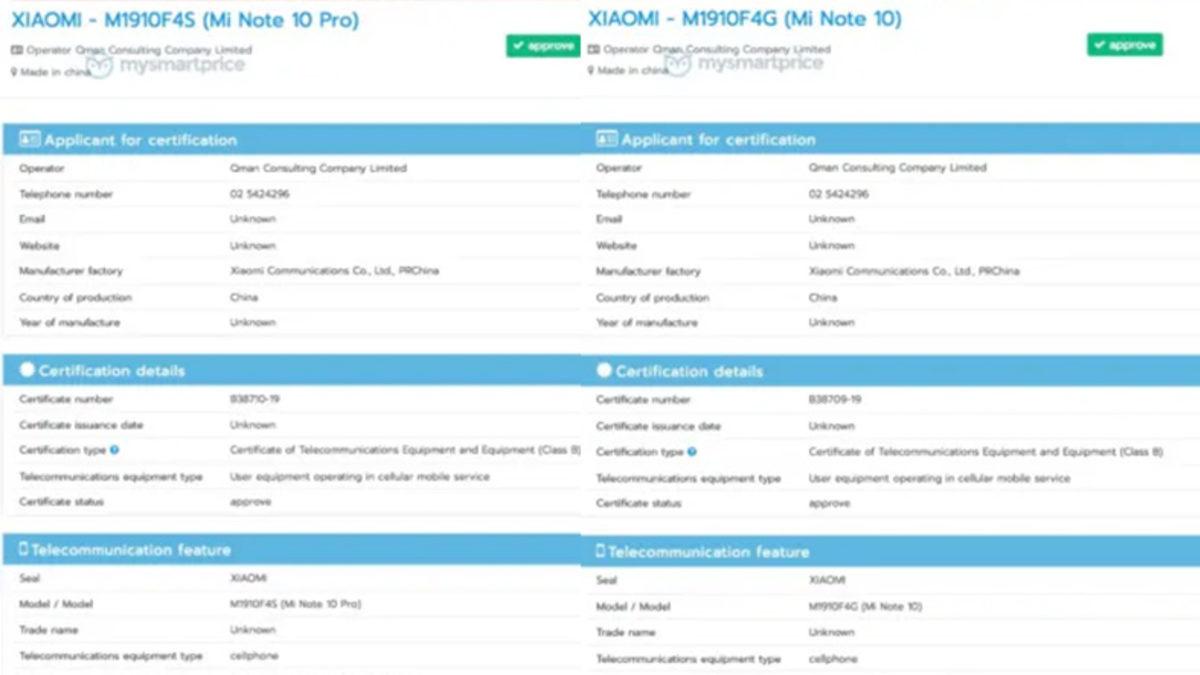 Xiaomi Mi Note 10 ve Mi Note 10 Pro, Bir Ülkeden Sertifika Aldı