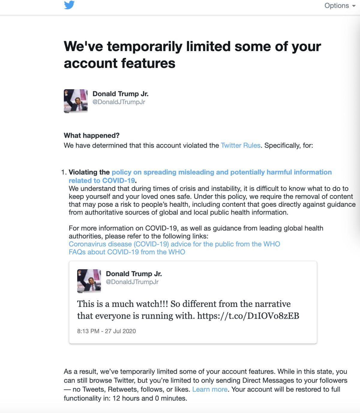 Twitter, Donald Trump Jr.’ın Hesabını Askıya Aldı