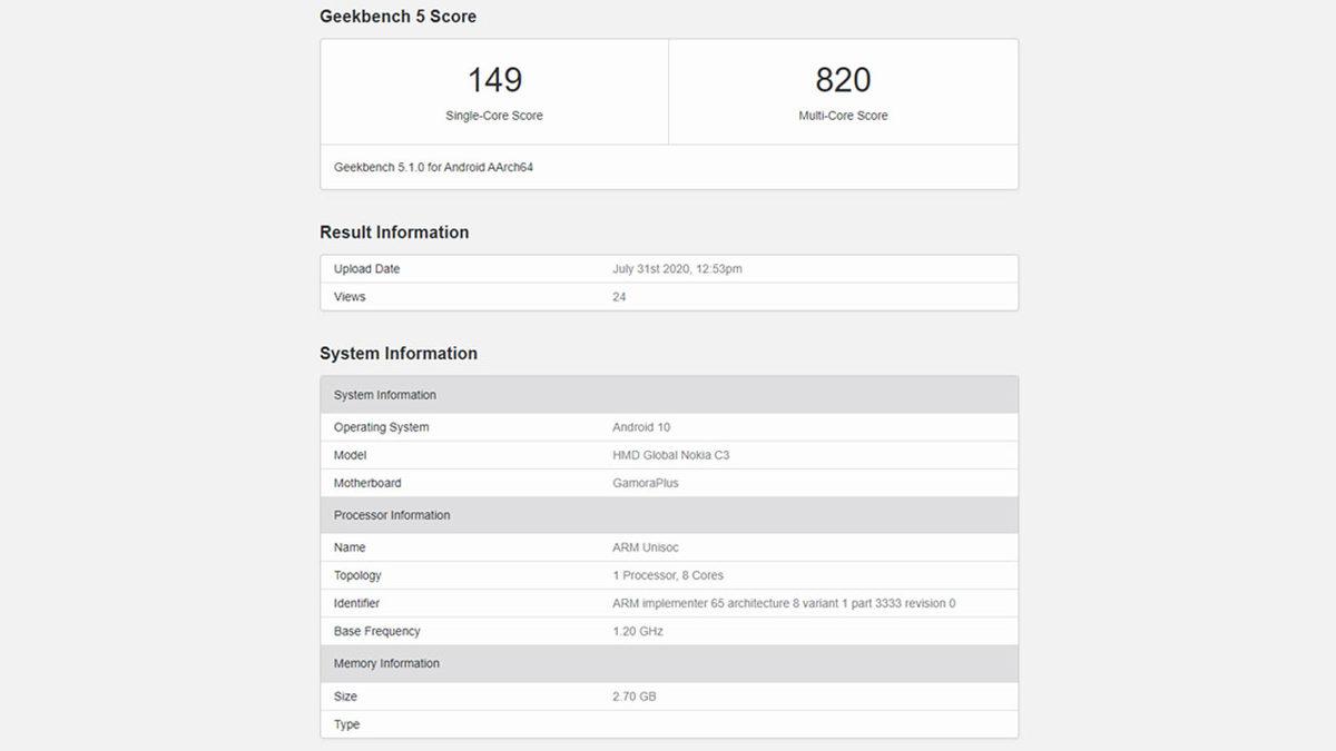 Nokia’nın Yeni Giriş Seviyesi Telefonu Nokia C3, Geekbench’te Gözüktü