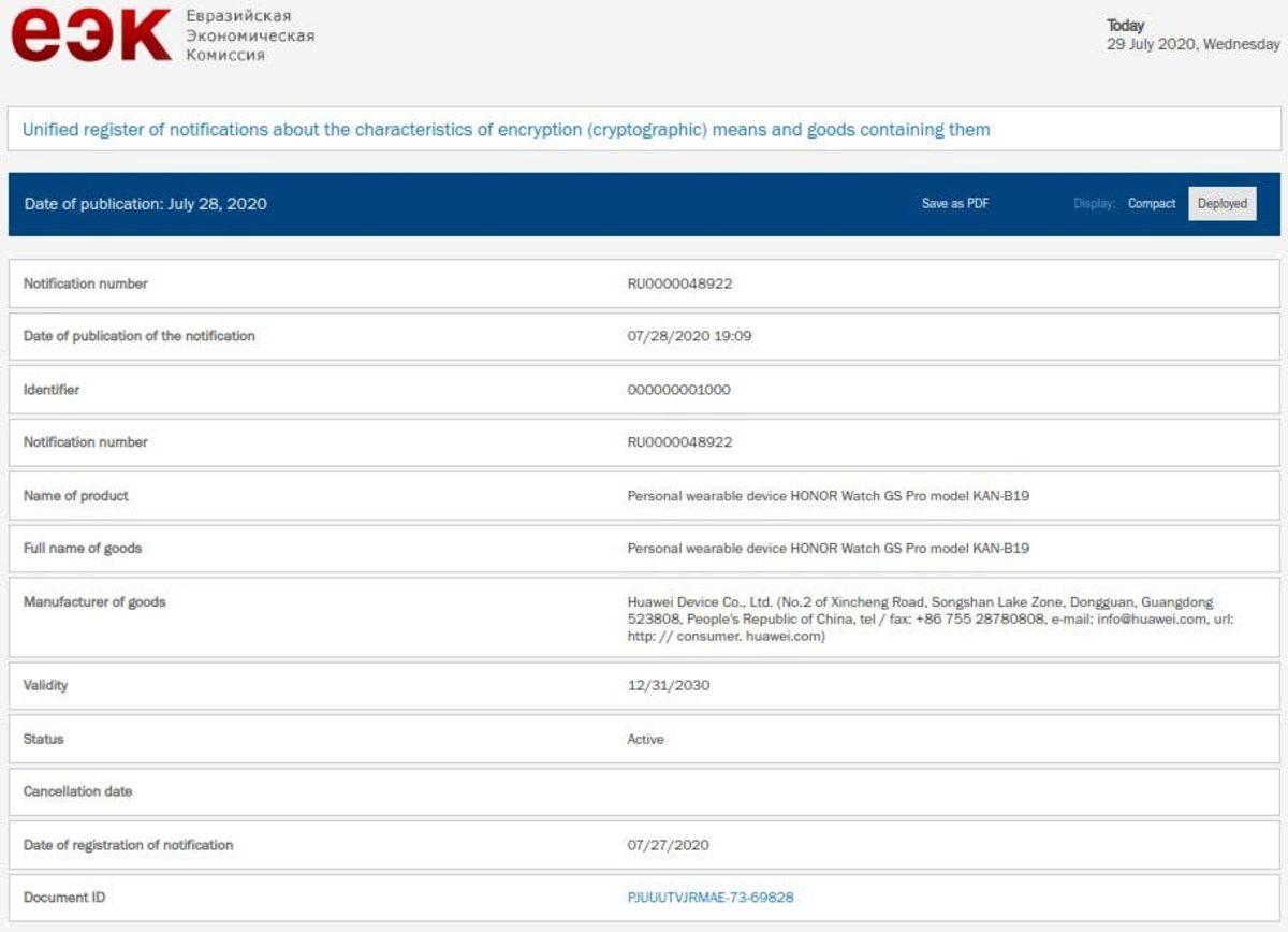 Huawei Watch GT2 Pro & Honor Watch GS Pro, EEC Sertifikası Aldı