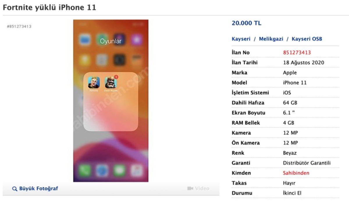 Sahibinden’de 20 Bin TL’ye(!) Fortnite Yüklü iPhone 11 İlanı Açıldı