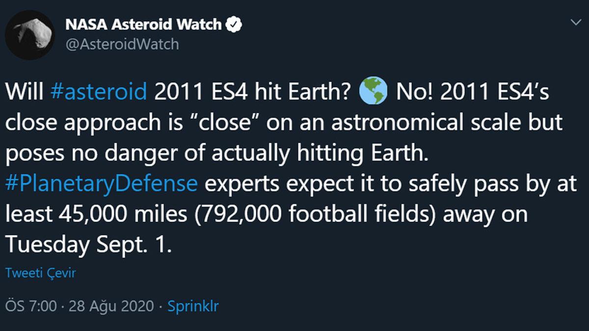 NASA, 20 Metre Çapa Sahip Bir Asteroidin Dünya’nın Yakınından Geçeceğini Duyurdu