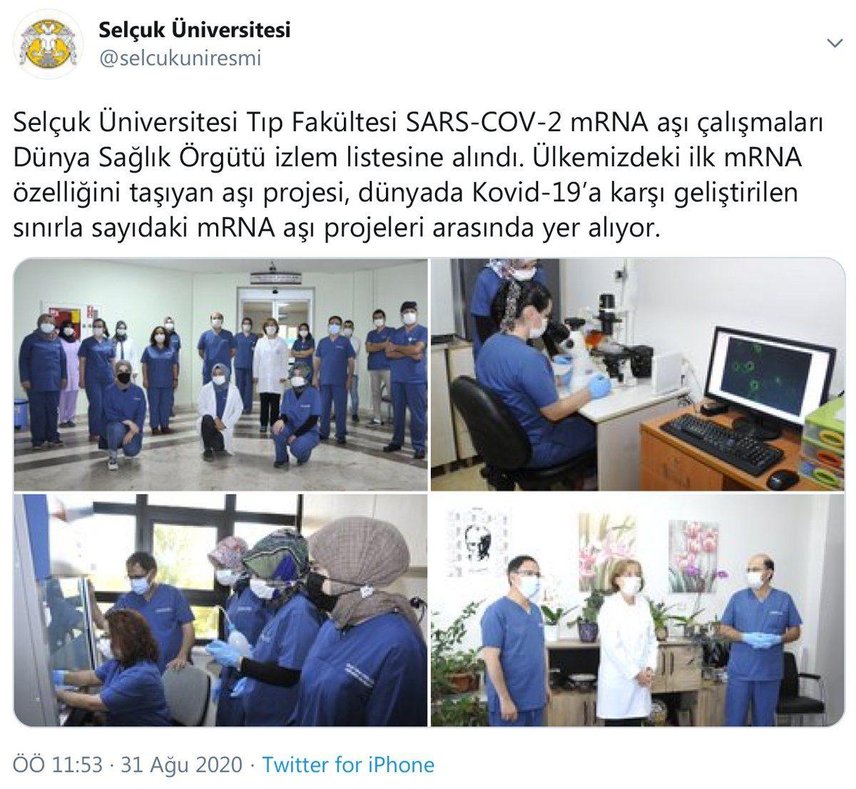 Selçuk Üniversitesi’nin COVID-19 mRNA Aşı Projesi DSÖ’nün İzlem Listesine Alındı