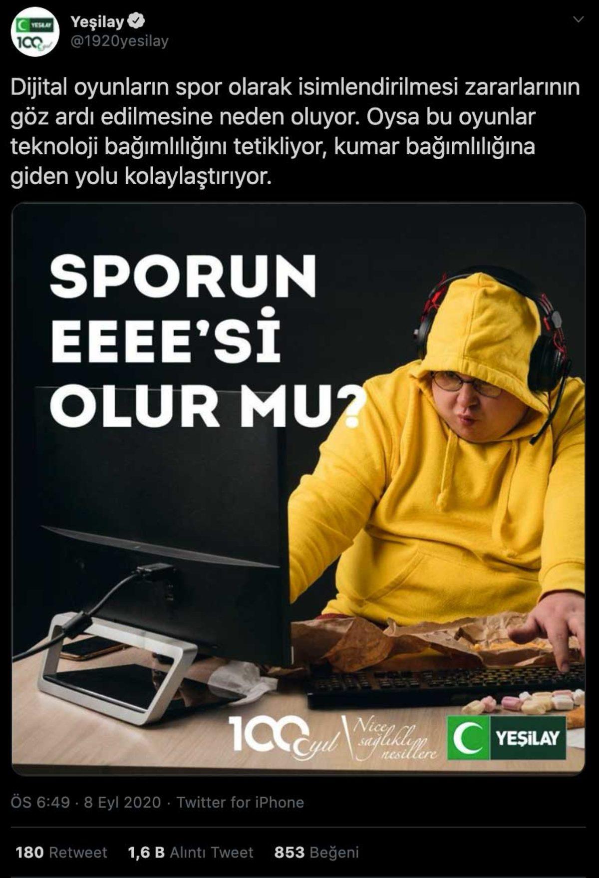 Yeşilay’dan Tartışma Yaratan Espor Paylaşımı: Sporun EEEE’si Olur mu?