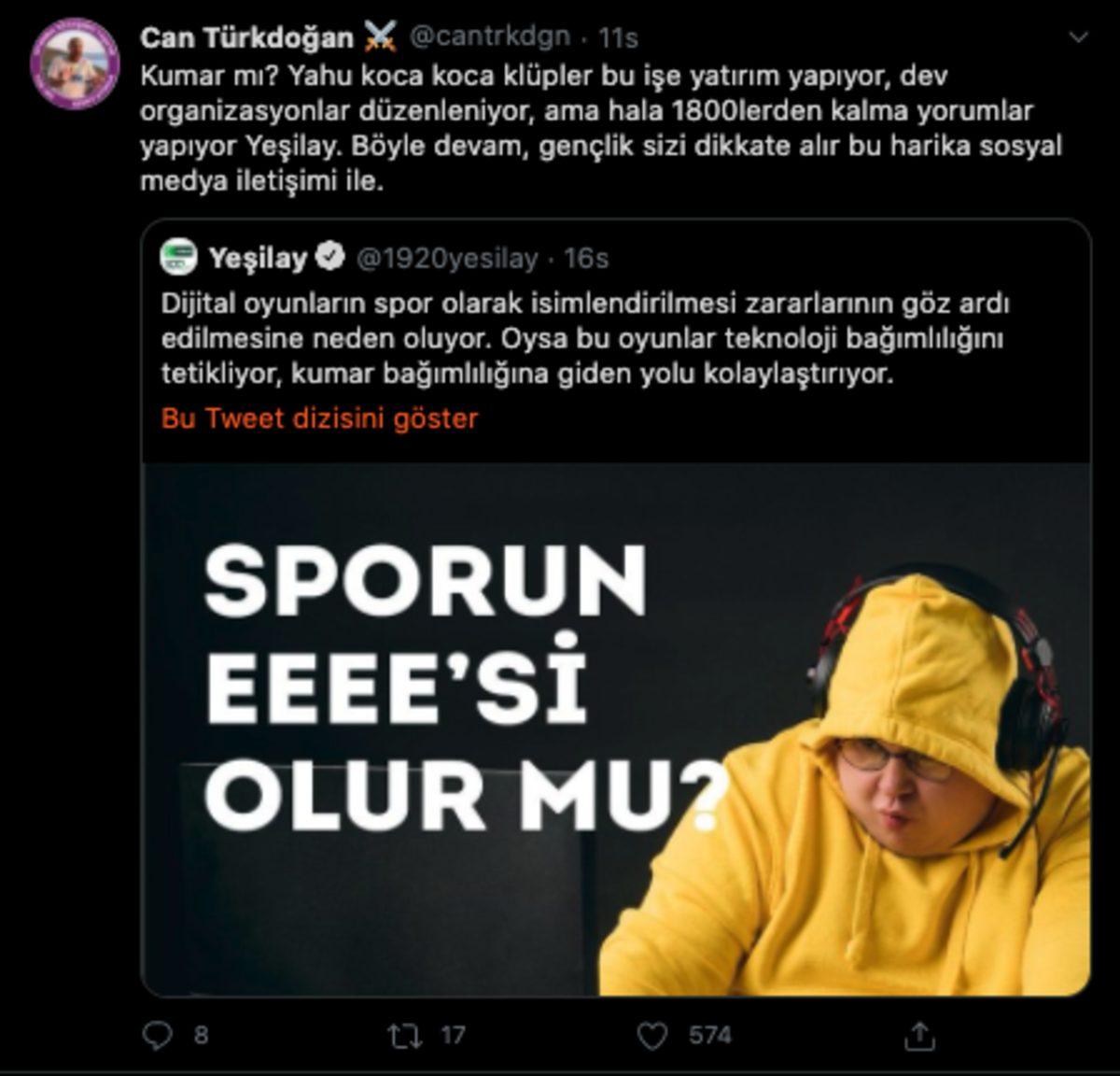 Yeşilay’dan Tartışma Yaratan Espor Paylaşımı: Sporun EEEE’si Olur mu?