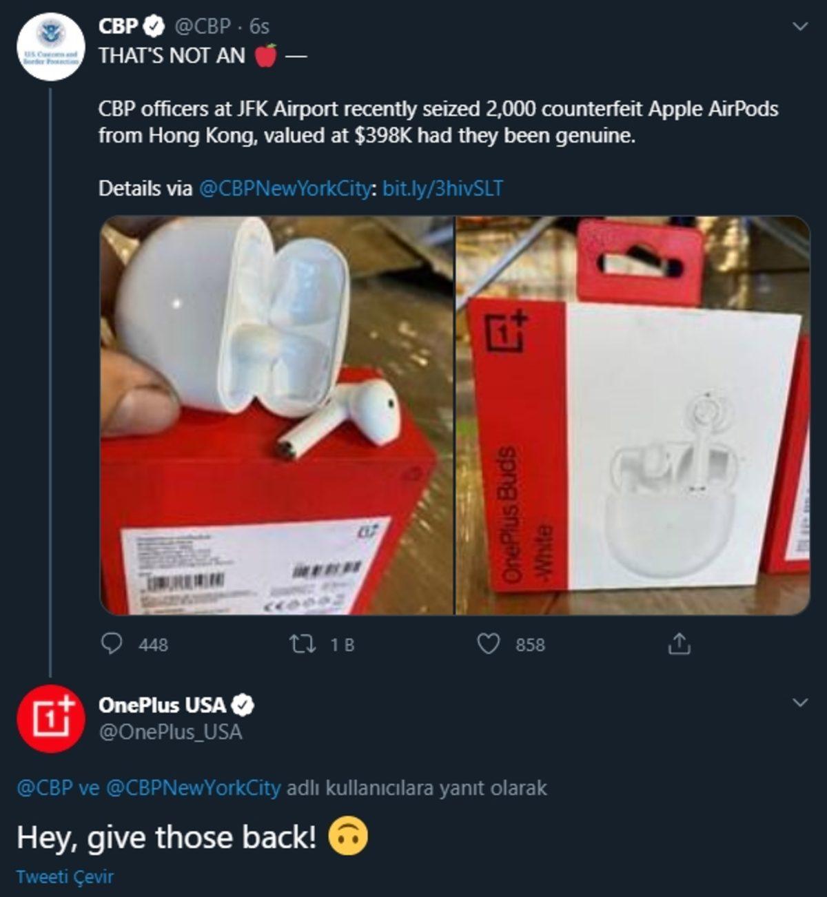 ABD, Orijinal OnePlus Buds Kulaklıklara ’Sahte Apple AirPods’ Diyerek El Koydu