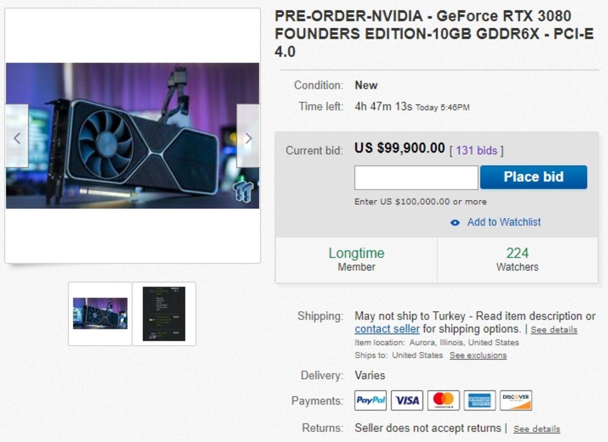 Stokları Tükenen NVIDIA GeForce RTX 3080, eBay’de 99 Bin Dolara(!) Alıcı Buldu