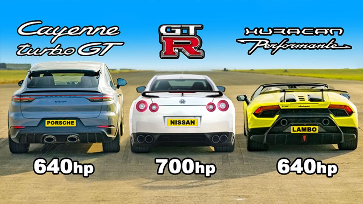 Lamborghini Performante, Porsche Cayenne Turbo GT ve 700 Beygirlik Nissan GT-R Drag Yarışında Tozu Dumana Kattı