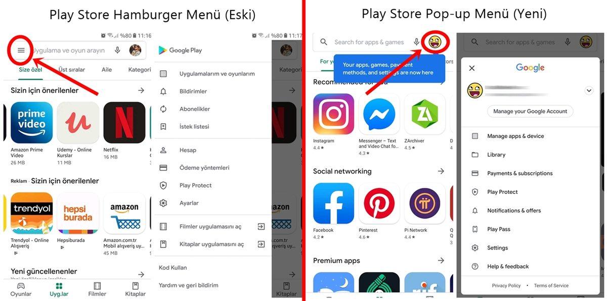 Google Play Store Hamburger Menüyü Kaldırıp Yerine Pop-up Menü Getiriyor
