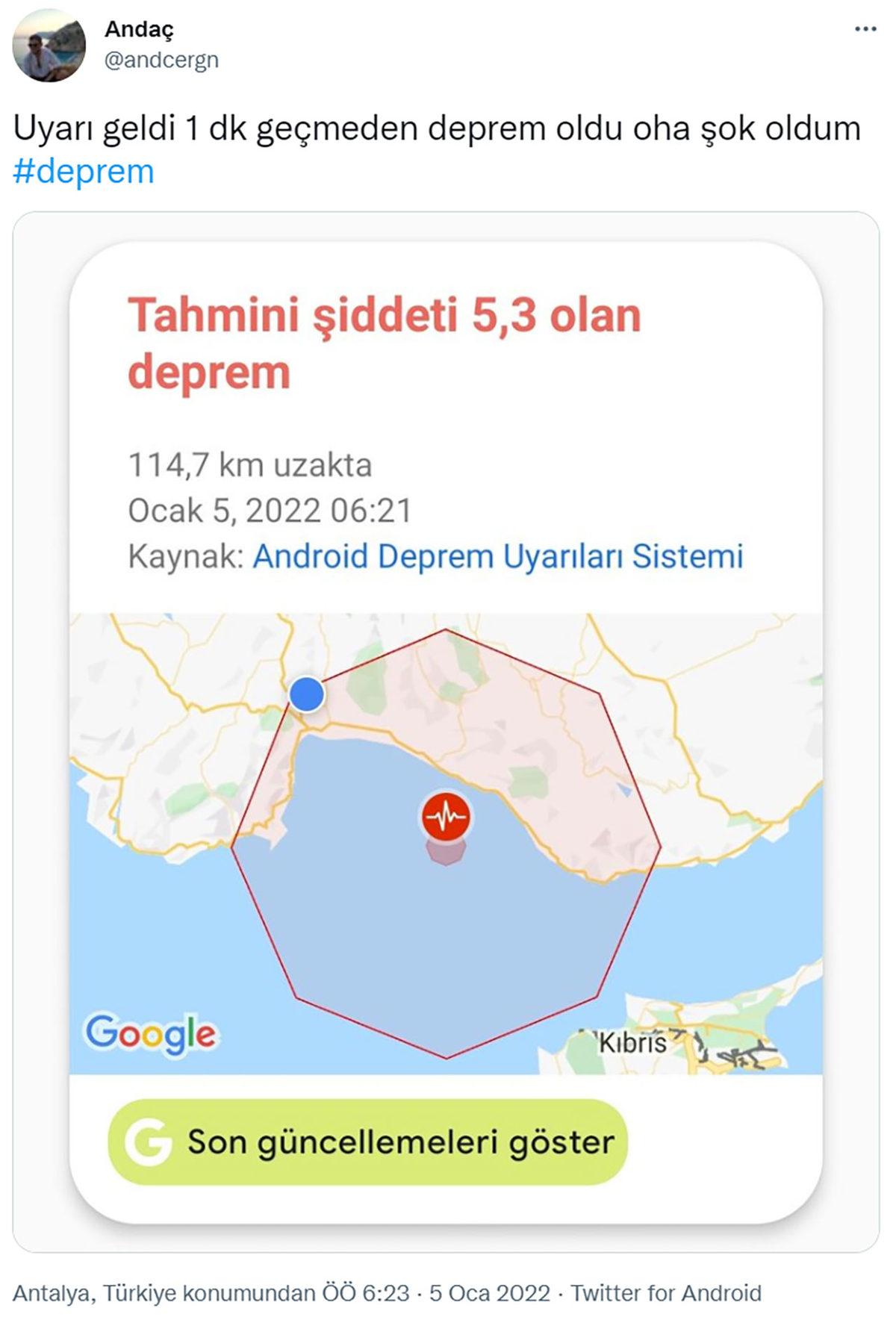Google, Antalya’daki Deprem Daha Hissedilmeden Android Kullanıcılarını Uyardı