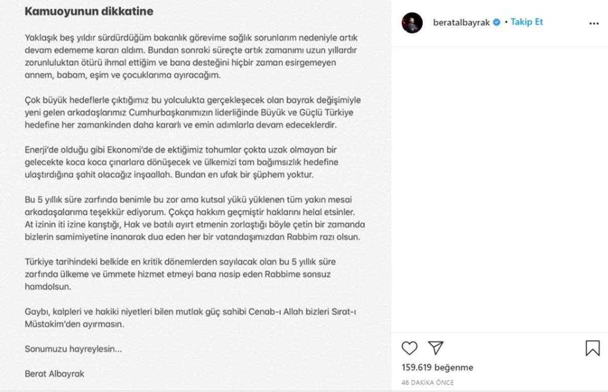 İstifasını Instagram Hesabından Duyuran Bakan Berat Albayrak, Twitter Hesabını Kapattı (Doğrulama Geldi)