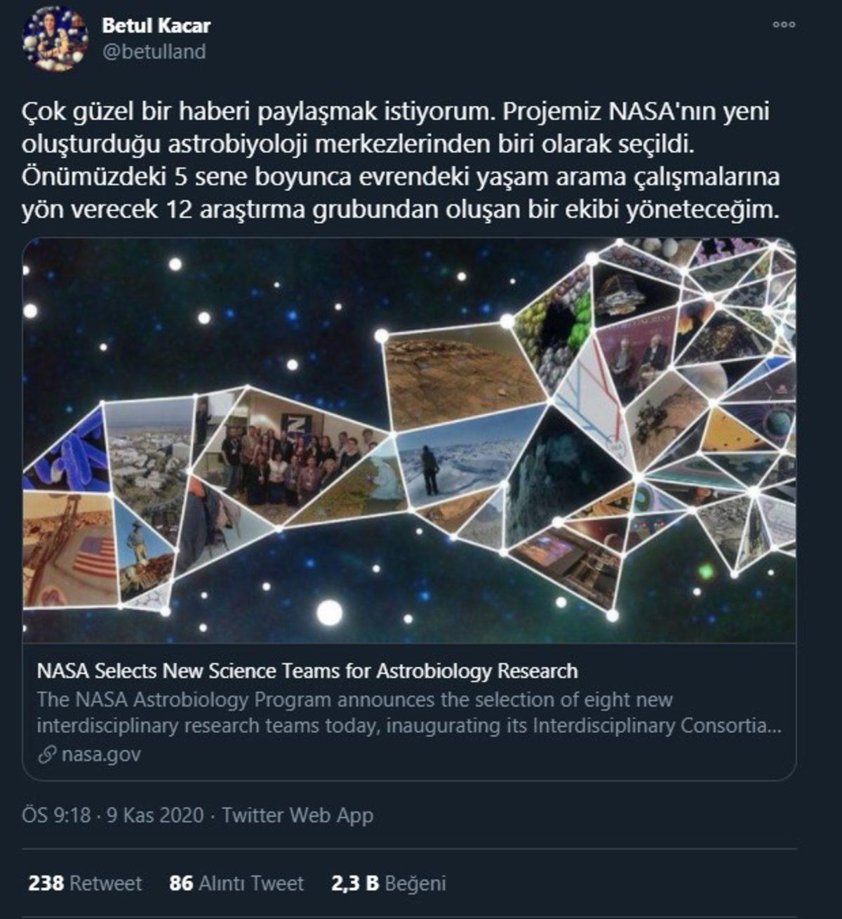 Türk Bilim İnsanı Betül Kaçar, NASA’nın Evrende Yaşam Arayışına Yön Verecek Bir Ekibi Yönetecek
