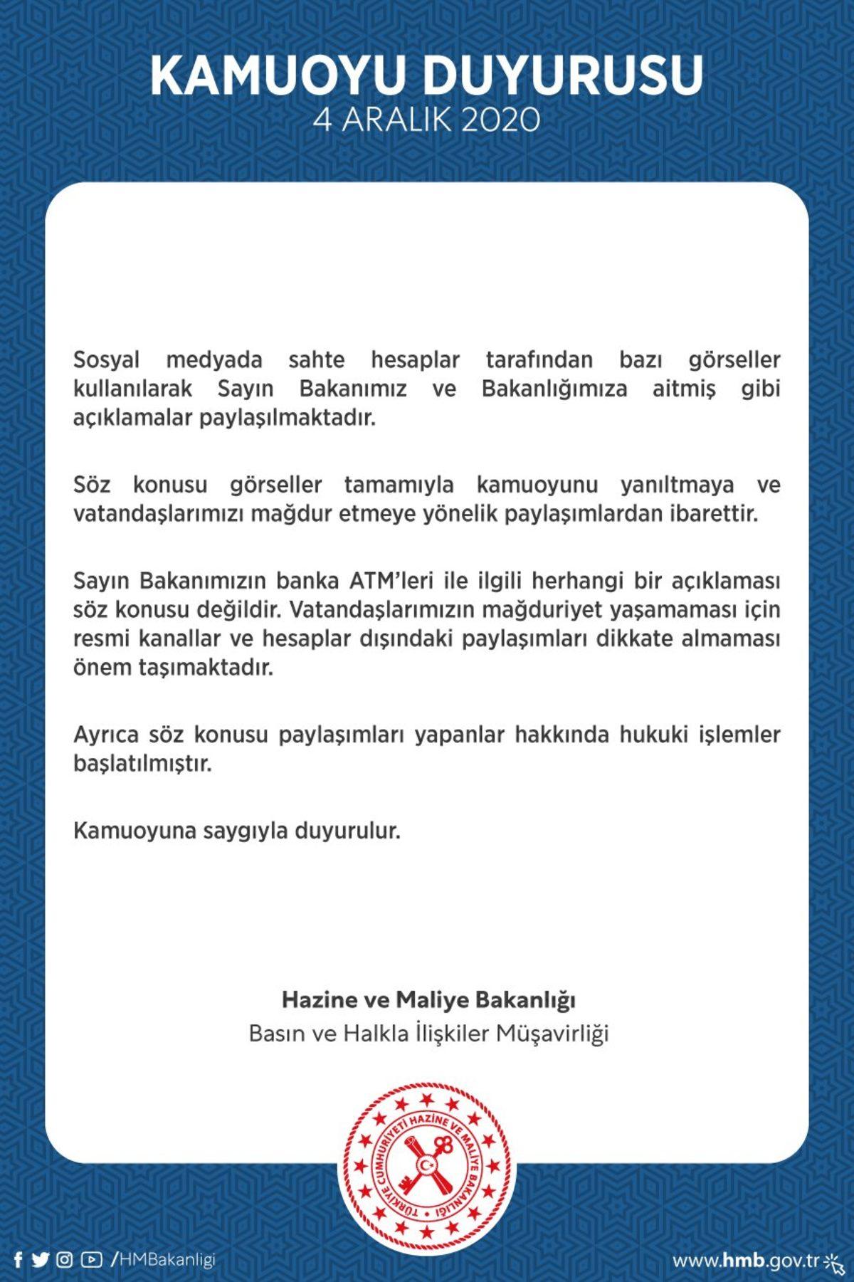 Hazine ve Maliye Bakanlığından ’ATM Paylaşımları’ Sonrası Önemli Açıklama