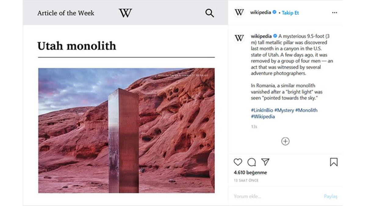 Esrarengiz Monolit, Vikipedi’de Haftanın Makalesi Olarak Seçildi