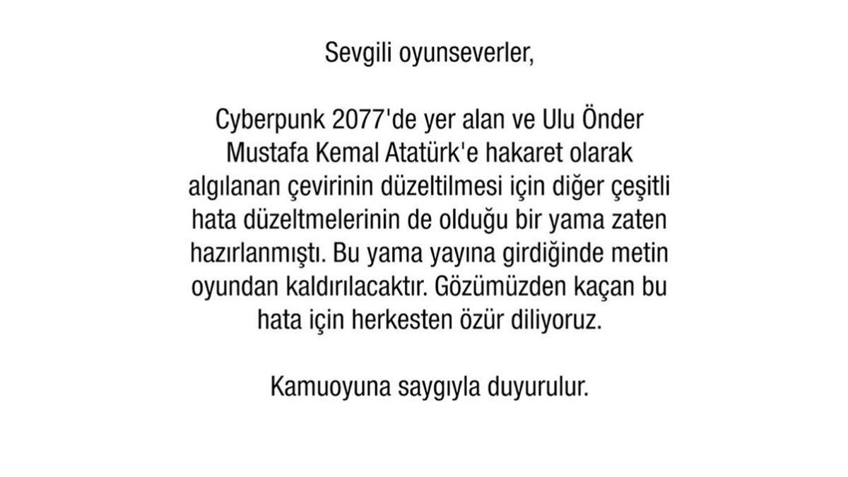 Cyberpunk 2077’de Atatürk’e Hakaret Olarak Algılanan Çeviri Hatası (Özür Gecikmedi)
