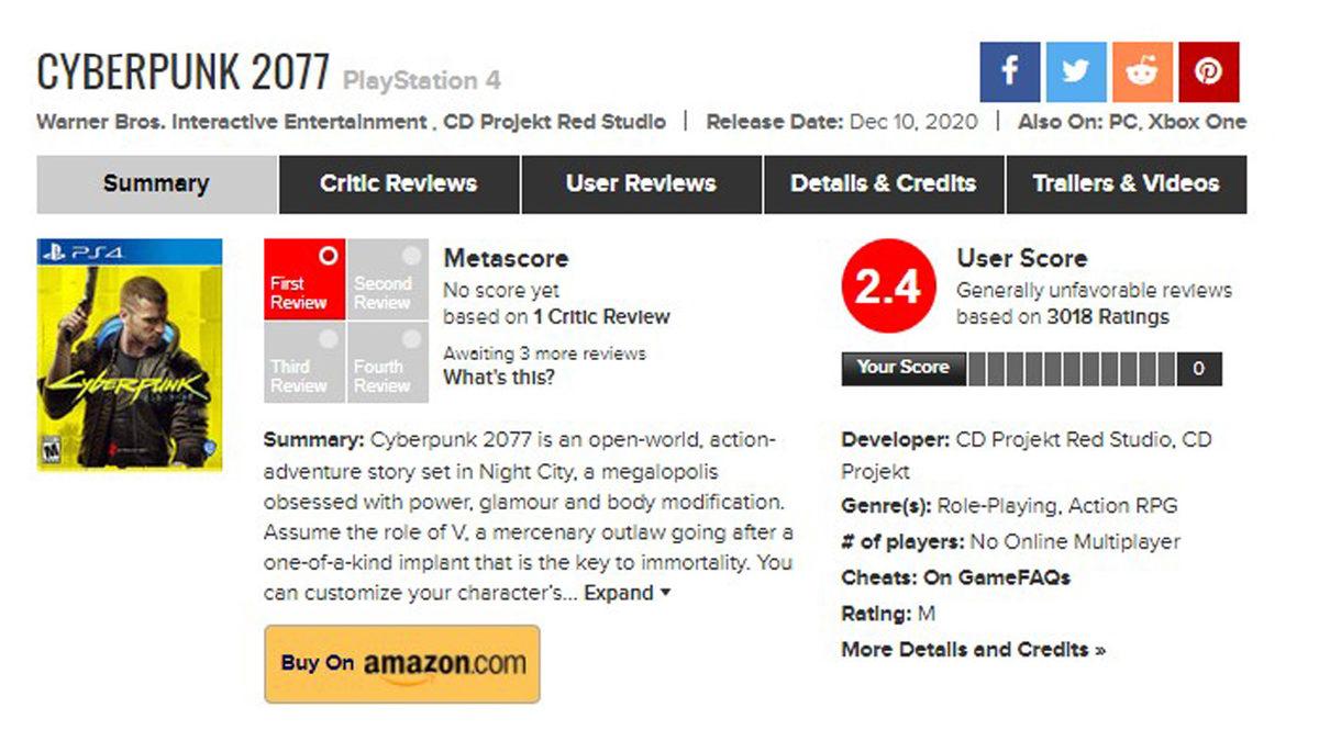 Cyberpunk 2077, Metacritic Kullanıcı Puanlarında Sınıfta Kaldı