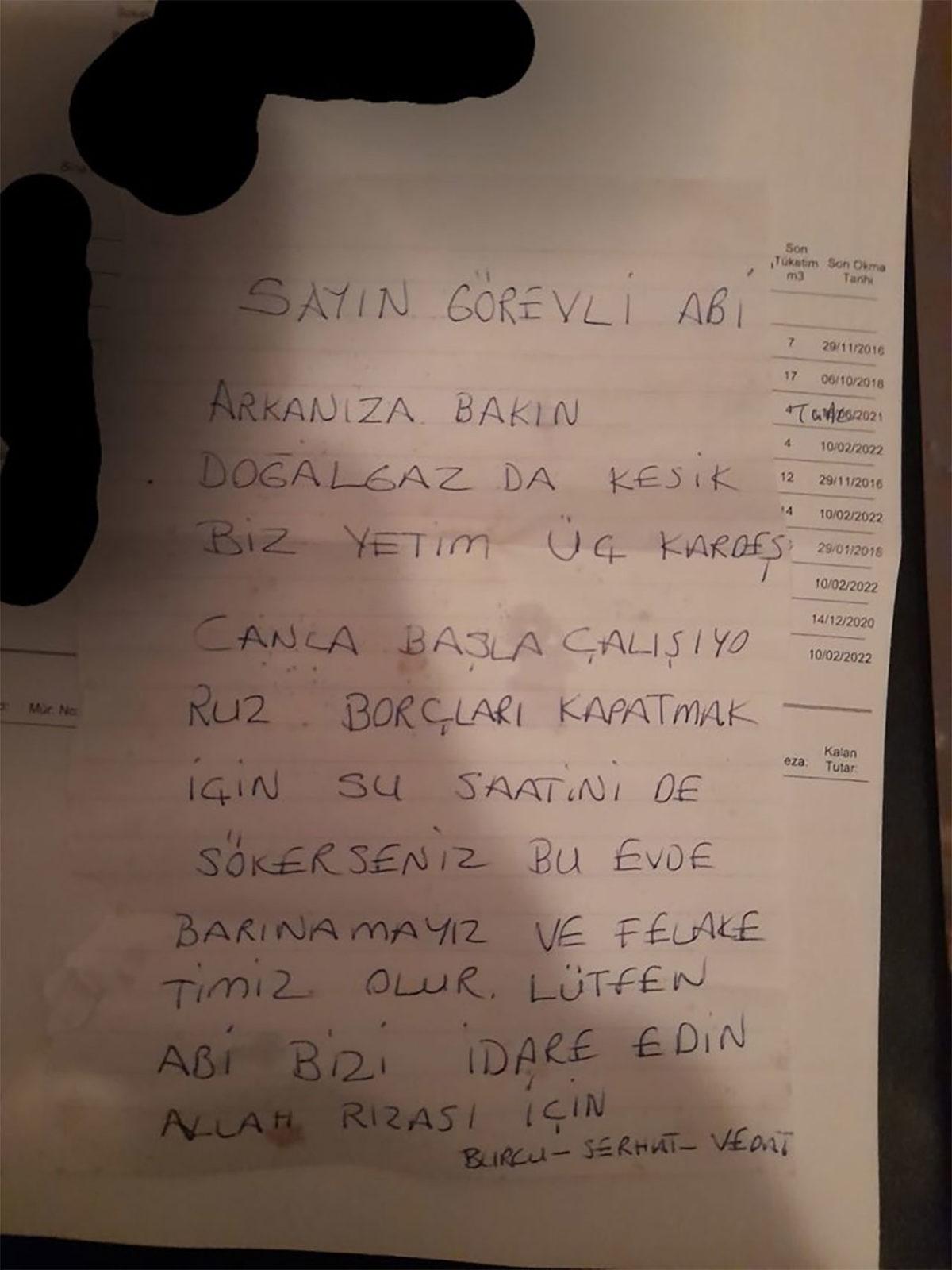 Üç Yetim Kardeşin Fatura Okuma Görevlisine Bıraktığı Yürekleri Dağlayan Not