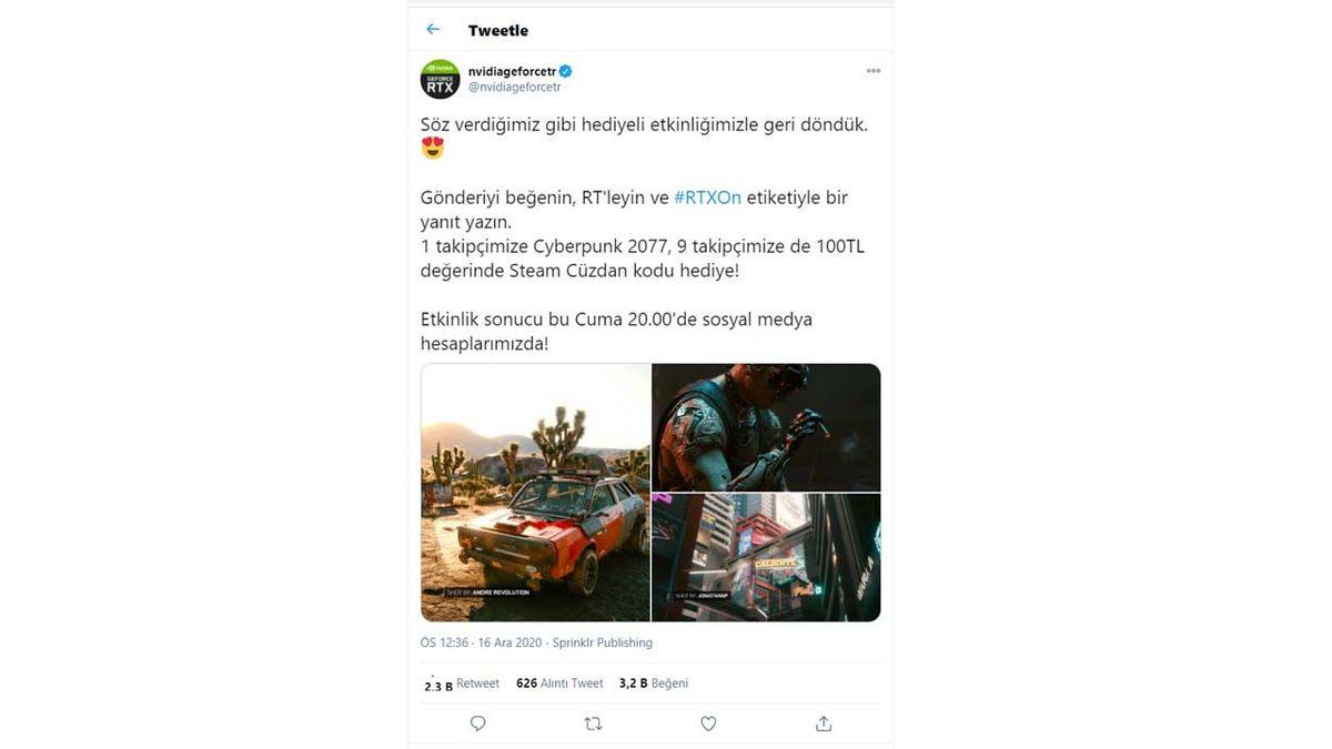 NVIDIA Türkiye Resmi Hayran Sayfası, Çekiliş ile Cyberpunk 2077 ve Steam Kodu Hediye Edecek