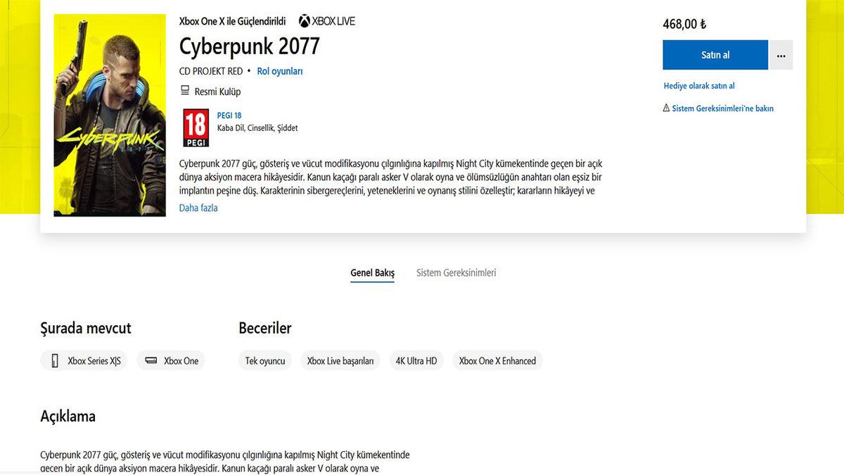 Cyberpunk 2077’nin Xbox Mağazasındaki Sayfasına Uyarı Mesajı Yerleştirildi