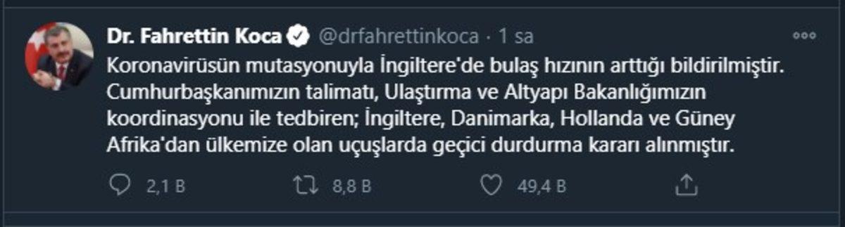 Türkiye, Bulaşma Hızı Artan Mutasyonlu COVID-19 Nedeniyle İngiltere ve 3 Ülkeden Gelen Uçuşları Durdurdu