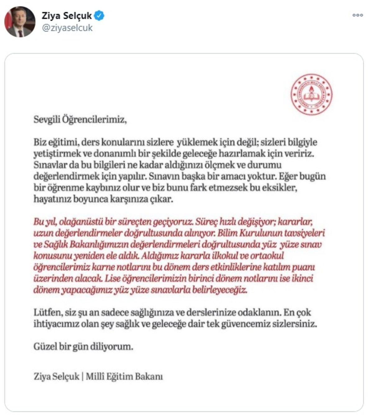 Milli Eğitim Bakanı Yüz Yüze Sınavların Ertelendiğini Duyurdu