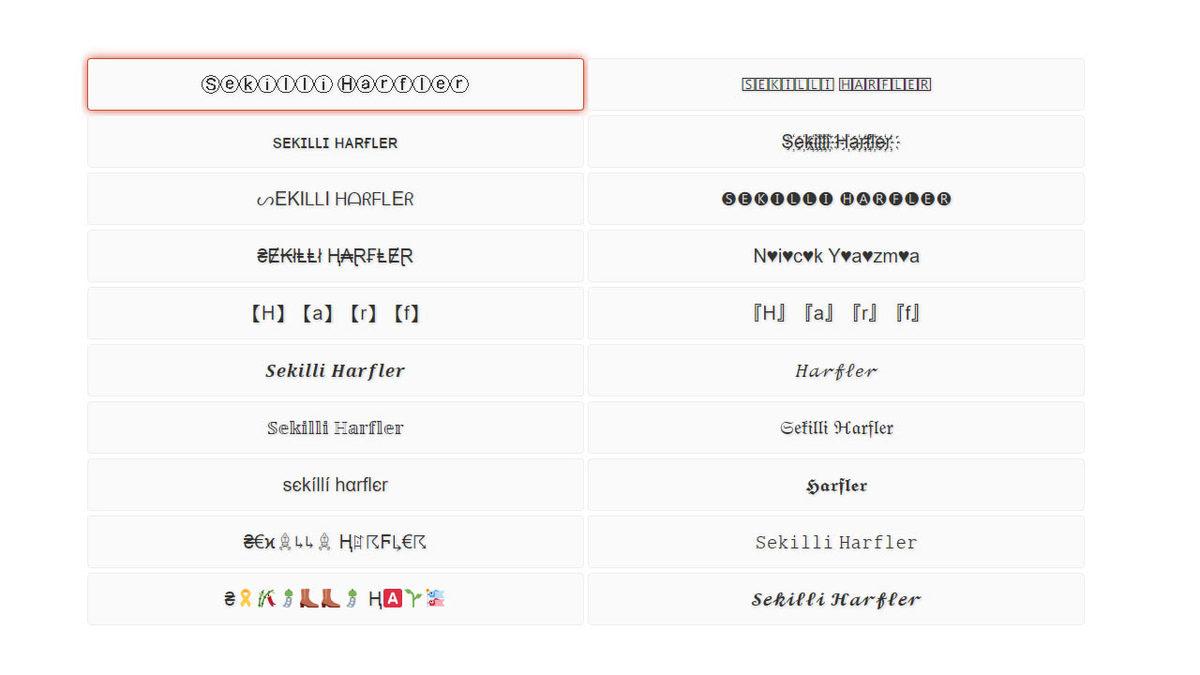 Basit Kullanımlı, Şekilli Kullanıcı Adı Oluşturma Aracı: Şekilli Harfler