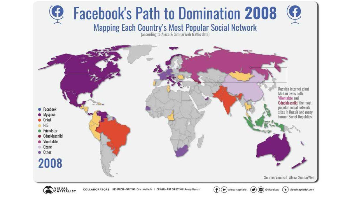 2008 ve 2020 Yıllarında Ülkelere Göre En Popüler Sosyal Medya Platformlarını Gösteren Harita